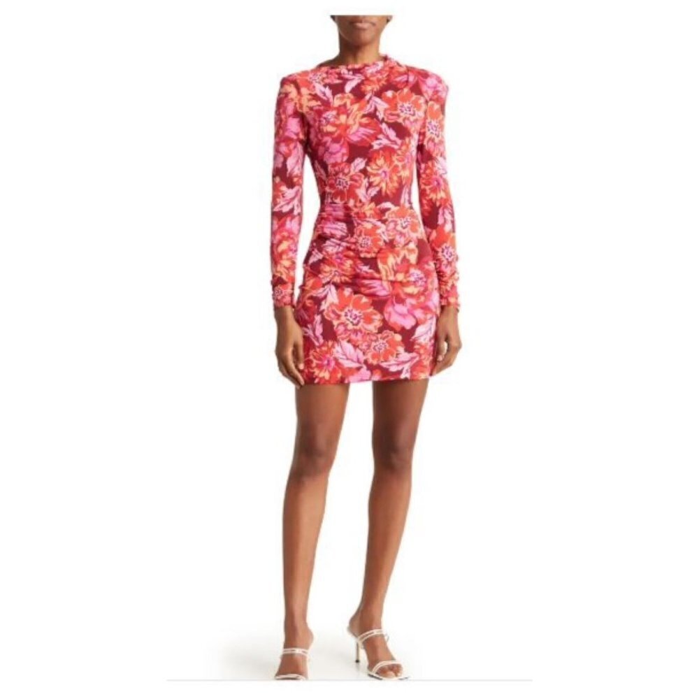 Donna Morgan Womens Red Pink Floral Long Sleeve Bodycon Mini Dress Sz 10 New